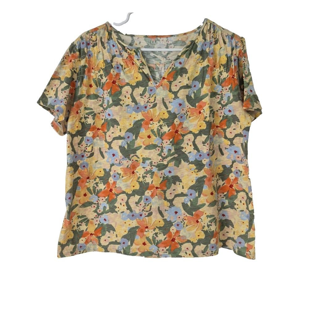 L.L. Bean Top Womens Large Multicolor Flower Organic Cotton V-Neck Pullover